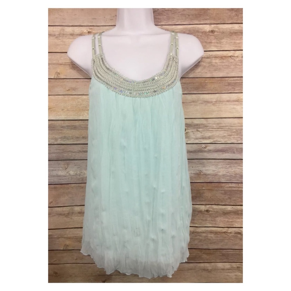 Women Y2K Chiffon‎ Tank Top M Green Sequins Ethereal Fairy Flowy Romantic Boho
